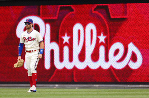 PHILADELPHIA, PA - AUGUST 29: Bryce Harper #3 of the Philadelphia Phillies in action during a game against the Arizona Diamondbacks at Citizens Bank Park on August 29, 2021 in Philadelphia, Pennsylvania. (Photo by Rich Schultz/Getty Images)