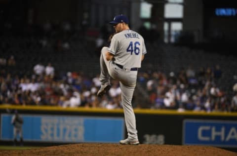 PHOENIX, ARIZONA – SEPTEMBER 26: Corey Knebel #46 of the Los Angeles Dodgers delivers a pitch against the Arizona Diamondbacks at Chase Field on September 26, 2021 in Phoenix, Arizona. (Photo by Norm Hall/Getty Images)