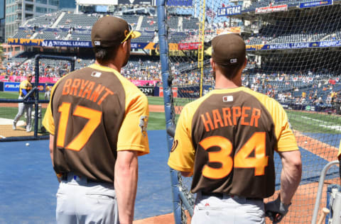 SAN DIEGO, CA - JULY 12: Kris Bryant #17 of the Chicago Cubs and Bryce Harper #34 of the Washington Nationals stand together at the batting cage prior to the 87th MLB All-Star Game at PETCO Park on July 12, 2016 in San Diego, California. The American League defeated the National League 4-2. (Photo by Mark Cunningham/MLB Photos via Getty Images)