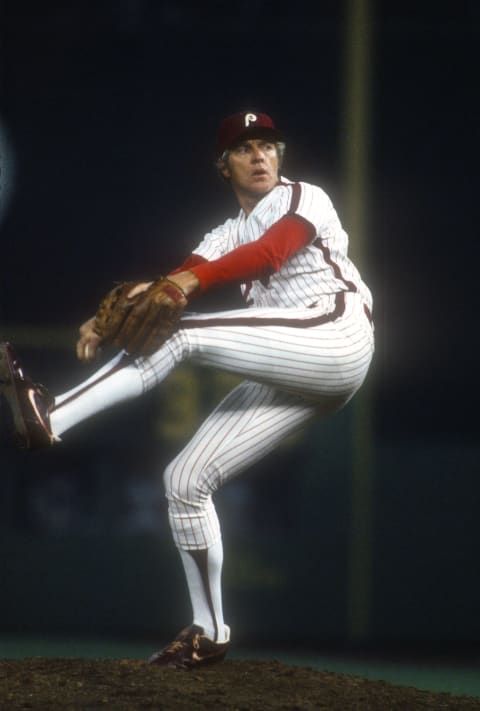 PHILADELPHIA, PA – CIRCA 1982: Ron Reed #42 of the Philadelphia Phillies pitches during an Major League baseball game circa 1982 at Veterans Stadium in Philadelphia, Pennsylvania. Reed played for the Phillies from 1976-83. (Photo by Focus on Sport/Getty Images)