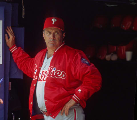 PITTSBURGH, PA – 1993: Manager Jim Fregosi of the Philadelphia Phillies looks on from the dugout during a Major League Baseball game against the Pittsburgh Pirates at Three Rivers Stadium in 1993 in Pittsburgh, Pennsylvania. (Photo by George Gojkovich/Getty Images)