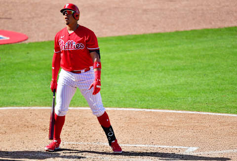 CLEARWATER, FLORIDA – MARCH 01: Jhailyn Ortiz #89 of the Philadelphia Phillies reacts to a strike in the sixth inning against the Baltimore Orioles during a spring training game at Baycare Ballpark on March 01, 2021 in Clearwater, Florida. (Photo by Julio Aguilar/Getty Images)