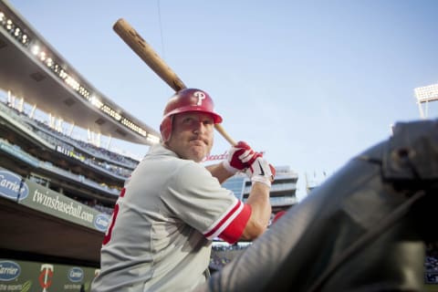 MINNEAPOLIS, MN -JUNE 12: Jim Thome #25 of the Philadelphia Phillies prepares to bat (Photo by Bruce Kluckhohn/Minnesota Twins/Getty Images)