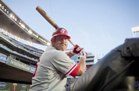 MINNEAPOLIS, MN -JUNE 12: Jim Thome #25 of the Philadelphia Phillies prepares to bat against the Minnesota Twins on June 12, 2012 at Target Field in Minneapolis, Minnesota. The Twins win 11-7. (Photo by Bruce Kluckhohn/Minnesota Twins/Getty Images)