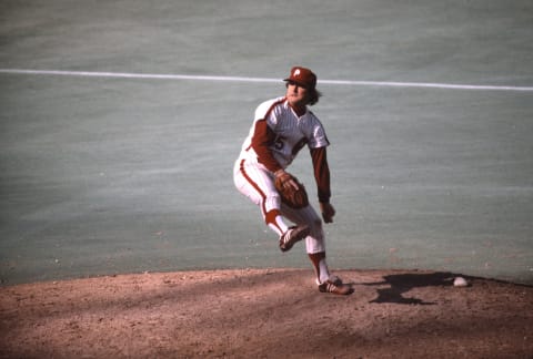 PHILADELPHIA, PA – CIRCA 1978: Pitcher Tug McGraw #45 of the Philadelphia Phillies pitches circa 1978 at Veterans Stadium in Philadelphia, Pennsylvania. McGraw played for the Phillies from 1975-84. (Photo by Focus on Sport/Getty Images)