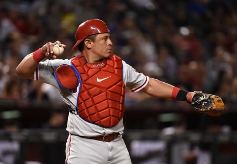 PHOENIX, AZ – JUNE 28: Carlos Ruiz #51 of the Philadelphia Phillies throws the ball back to the pitchers mound against the Arizona Diamondbacks at Chase Field on June 28, 2016 in Phoenix, Arizona. (Photo by Norm Hall/Getty Images)