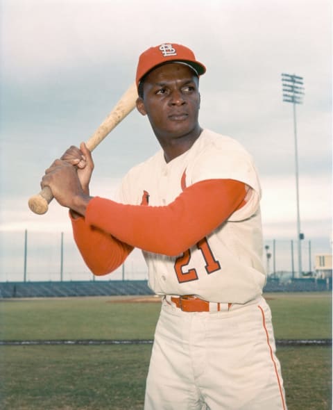 CRICA 1960: Curt Flood of the St. Louis Cardinals poses at bat. Curt Flood played for the Cardinals from 1958-1969. (Photo by Photo File/MLB Photos via Getty Images)