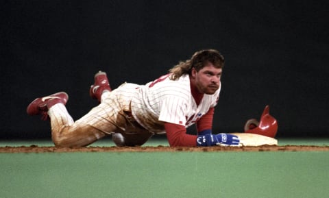 PHILADELPHIA, PA – OCTOBER 6, 1993: John Kruk #29 of the Philadelphia Phillies slides into second base during the National League Championship Series against the Atlanta Braves on October 6, 1993 in Philadelphia. Pennsylvania. (Photo by Ronald C. Modra/Getty Images)