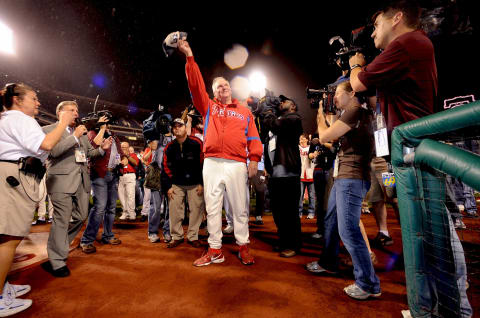 PHILADELPHIA – SEPTEMBER 27: Manager Charlie Manuel #41 of the Philadelphia Phillies waves to the fans and media after clinching the division title against the Washington Nationals at Citizens Bank Park in Philadelphia, Pennsylvania on September 27, 2008. The Phillies defeated the Nationals 4-3. (Photo by Miles Kennedy/MLB Photos via Getty Images)