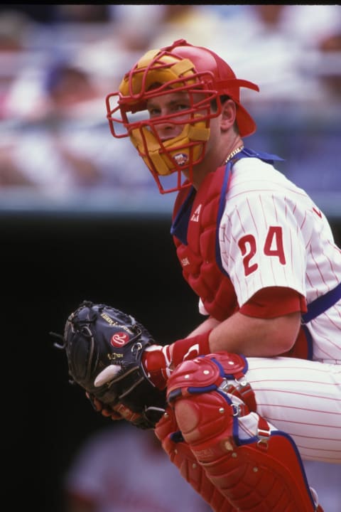 PHILADELPHIA, PA – MAY 1: Mike Lieberthal #24 of the Philadelphia Phillies looks during a baseball game against the San Diego padres on May 1, 1999 at Veterans Stadium in Philadelphia, Pennsylvania. (Photo by Mitchell Layton/Getty Images)