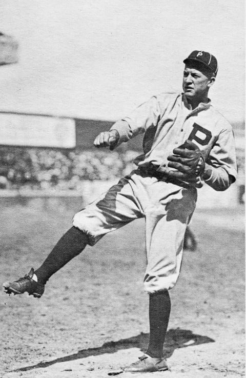 PHILADELPHIA, 1916. Grover Cleveland Alexander of the Philadelphia Phillies warms up before a game in the 1916 in Philadelphia, Pennsylvania. (Photo by Mark Rucker/Transcendental Graphics/Getty Images)