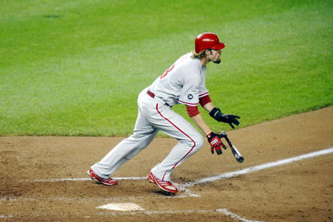 WASHINGTON – SEPTEMBER 27: Jayson Werth #28 of the Philadelphia Phillies hits a two run double in sixth inning during a baseball game against the Washington Nationals on September 27, 2010 at Nationals Park in Washington, D.C. (Photo by Mitchell Layton/Getty Images)