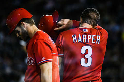 TAMPA, FL – MARCH 13: (EDITOR’S NOTE: In camera multiple exposure was used to make this image) Bryce Harper #3 of the Philadelphia Phillies in action during the spring training game against the New York Yankees at Steinbrenner Field on March 13, 2019 in Tampa, Florida. (Photo by Mark Brown/Getty Images)