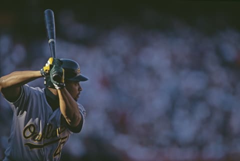 Danny Tartabull #45, Designated Hitter for the Oakland Athletics at bat during the Major League Baseball American League West game against the California Angels on 1st October 1995 at Anaheim Stadium, Anaheim, California, United States. The Angels won the game 8 – 2. (Photo by J.D. Cuban/Allsport/Getty Images)