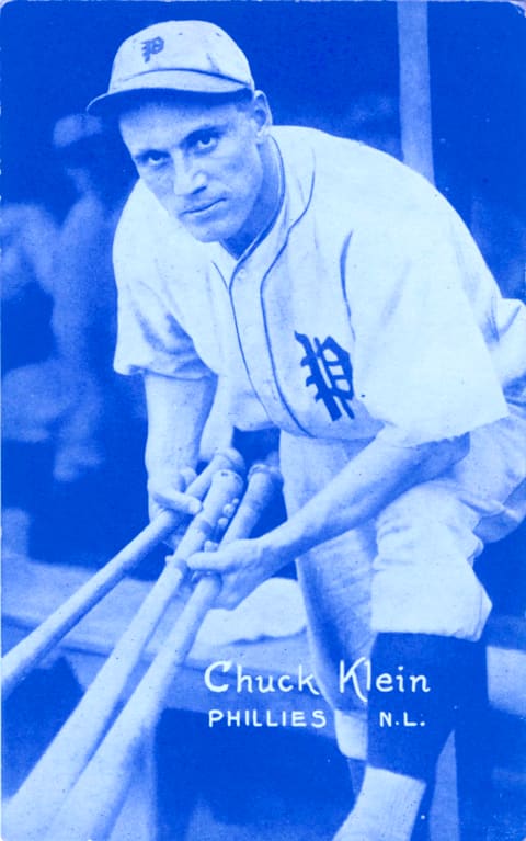 PHILADELPHIA, PA – CIRCA 1931: Star outfielder Chuck Klein poses for an exhibit company photograph around 1931 in Philadelphia, Pennsylvania. (Photo Reproduction by Transcendental Graphics/Getty Images)