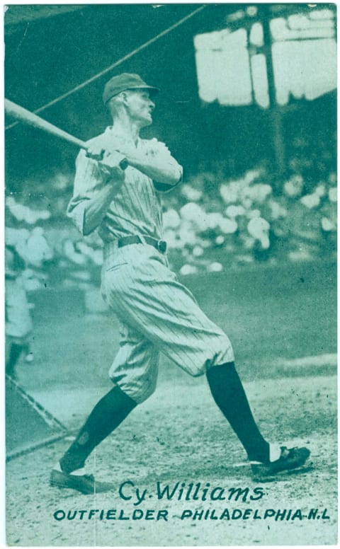 PHILADELPHIA, PA – CIRCA 1923: On this exhibit card star outfielder and home run king Cy Williams takes batting practice in 1923 In Shibe Park in Philadelphia, Pennsylvania. (Photo Reproduction by Transcendental Graphics/Getty Images)