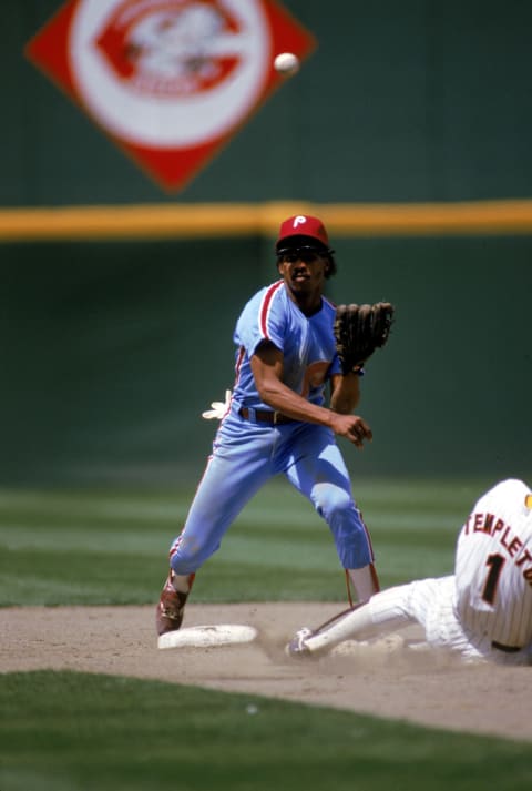 SAN DIEGO – 1986: Second baseman Juan Samuel #8 of the Philadelphia Phillies throws to attempt the double play during the 1986 season MLB game against the San Diego Padres at Jack Murphy Stadium in San Diego, California. (Photo by Stephen Dunn/Getty Images)