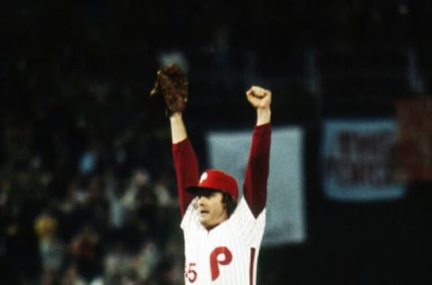 PHILADELPHIA, PA – OCTOBER 21: Tug McGraw of the Philadelphia Phillies leaps in the air after the Phillies won the 1980 World Series during World Series game six between the Kansas City Royals and Philadelphia Phillies on October 21, 1980 at Veterans Stadium in Philadelphia, Pennsylvania. The Phillies defeated the Royals 4-1. (Photo by Rich Pilling/Getty Images)