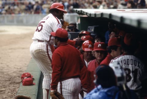 PHILADELPHIA, PA – CIRCA 1976: Dick Allen #15 of the Philadelphia Phillies is congratulated by teammates after hitting a home run during an Major League Baseball game circa 1976 at Veterans Stadium in Philadelphia, Pennsylvania. Allen played for the Phillies from 1963-69 and 1975-76. (Photo by Focus on Sport/Getty Images)