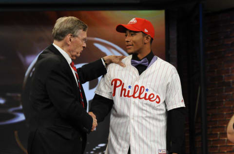 SECAUCUS, NJ - JUNE 06: Philadelphia Phillies draftee J.P. Crawford (R) is greeted on stage by Major League Baseball Commissioner Bud Selig at the 2013 MLB First-Year Player Draft at the MLB Network on June 6, 2013 in Secaucus, New Jersey. (Photo by Jeff Zelevansky/Getty Images)