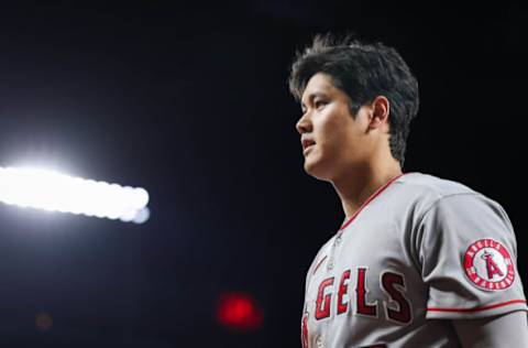 BALTIMORE, MD – JULY 07: Shohei Ohtani #17 of the Los Angeles Angels looks on against the Baltimore Orioles during the eighth inning at Oriole Park at Camden Yards on July 7, 2022 in Baltimore, Maryland. (Photo by Scott Taetsch/Getty Images)