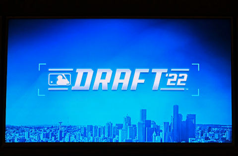 SEATTLE, WASHINGTON - JULY 17: A general view of the MLB Draft '22 logo on the TV monitors in the Seattle Mariners interview room before the MLB Draft at T-Mobile Park on July 17, 2022 in Seattle, Washington. (Photo by Alika Jenner/Getty Images)