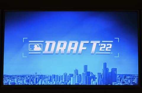 SEATTLE, WASHINGTON - JULY 17: A general view of the MLB Draft '22 logo on the TV monitors in the Seattle Mariners interview room before the MLB Draft at T-Mobile Park on July 17, 2022 in Seattle, Washington. (Photo by Alika Jenner/Getty Images)