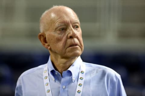 MIAMI, FL – OCTOBER 02: Fred Van Dusen, the only player in Major League Baseball to have his career halted after one plate appearance after being hit by a pitch, attends the Miami Marlins against the New York Mets game at Marlins Park on October 2, 2012 in Miami, Florida. (Photo by Marc Serota/Getty Images)