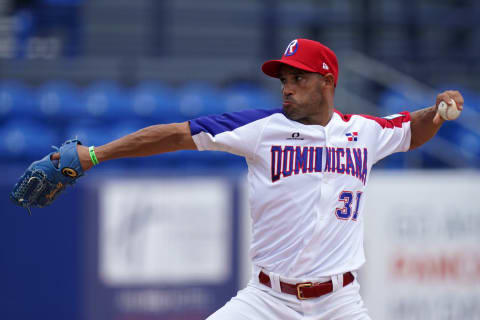 Jun 5, 2021; TBD, Florida, USA; Dominica starting pitcher Raul Valdes (31) delivers a pitch in the 1st inning against Canada in the Super Round of the WBSC Baseball Americas Qualifier series game at Clover Park. Mandatory Credit: Jasen Vinlove-USA TODAY Sports