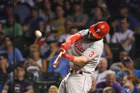 Jul 6, 2021; Chicago, Illinois, USA; Philadelphia Phillies right fielder Bryce Harper (3) hits a home run in the seventh inning against the Chicago Cubs at Wrigley Field. Mandatory Credit: Quinn Harris-USA TODAY Sports