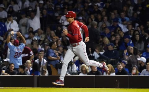 Jul 8, 2021; Chicago, Illinois, USA; Philadelphia Phillies first baseman Brad Miller (13) runs the bases after hitting a two run home run against the Chicago Cubs during the fifth inning at Wrigley Field. Mandatory Credit: David Banks-USA TODAY Sports