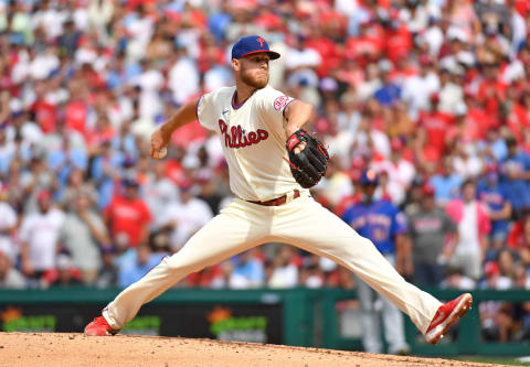 Aug 8, 2021; Philadelphia, Pennsylvania, USA; Philadelphia Phillies starting pitcher Zack Wheeler (45) throws a pitch during the ninth inning of his two-hit, complete-game shutout against the New York Mets at Citizens Bank Park. Mandatory Credit: Eric Hartline-USA TODAY Sports