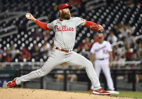 Aug 30, 2021; Washington, District of Columbia, USA; Philadelphia Phillies relief pitcher Archie Bradley (23) throws to the Washington Nationals during the eighth inning at Nationals Park. Mandatory Credit: Brad Mills-USA TODAY Sports