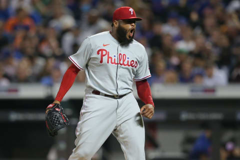 Sep 17, 2021; New York City, New York, USA; Philadelphia Phillies relief pitcher Jose Alvarado (46) reacts after getting the final out of the sixth inning against the New York Mets at Citi Field. Mandatory Credit: Brad Penner-USA TODAY Sports