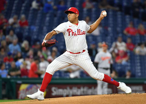 Sep 20, 2021; Philadelphia, Pennsylvania, USA; Philadelphia Phillies pitcher Ranger Suarez (55) throws against the Baltimore Orioles during the first inning at Citizens Bank Park. Mandatory Credit: Eric Hartline-USA TODAY Sports