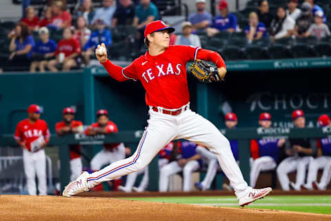 Oct 1, 2021; Arlington, Texas, USA; Texas Rangers starting pitcher Spencer Howard (31) throws during the first inning against the Cleveland Indians at Globe Life Field. Mandatory Credit: Kevin Jairaj-USA TODAY Sports