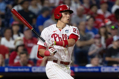 Jun 3, 2022; Philadelphia, Pennsylvania, USA; Philadelphia Phillies second baseman Nick Maton (29) hits an RBI triple during the fifth inning against the Los Angeles Angels at Citizens Bank Park. Mandatory Credit: Bill Streicher-USA TODAY Sports