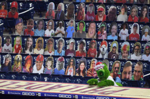 The Phillie Phanatic looks on in the seventh inning against the New York Mets at Citizens Bank Park. (James Lang/USA TODAY Sports)