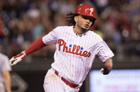 Sep 20, 2017; Philadelphia, PA, USA; Philadelphia Phillies shortstop Freddy Galvis (13) runs the bases on his way to score a run against the Los Angeles Dodgers during the eighth inning at Citizens Bank Park. Mandatory Credit: Bill Streicher-USA TODAY Sports