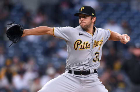 May 3, 2021; San Diego, California, USA; Pittsburgh Pirates starting pitcher Tyler Anderson (31) pitches against the San Diego Padres during the first inning at Petco Park. Mandatory Credit: Orlando Ramirez-USA TODAY Sports