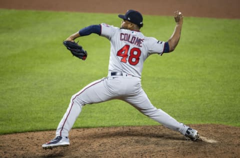 Jun 1, 2021; Baltimore, Maryland, USA; Minnesota Twins relief pitcher Alex Colome (48) pitches against the Baltimore Orioles during the eighth inning at Oriole Park at Camden Yards. Mandatory Credit: Scott Taetsch-USA TODAY Sports