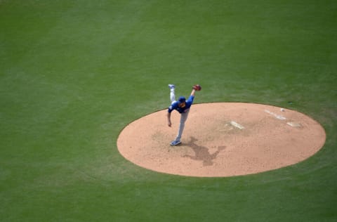 Jun 9, 2021; San Diego, California, USA; Chicago Cubs relief pitcher Ryan Tepera (18) throws a pitch against the San Diego Padres during the eighth inning at Petco Park. Mandatory Credit: Orlando Ramirez-USA TODAY Sports