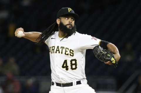 Jun 22, 2021; Pittsburgh, Pennsylvania, USA; Pittsburgh Pirates relief pitcher Richard Rodriguez (48) pitches against the Chicago White Sox during the ninth inning at PNC Park. Mandatory Credit: Charles LeClaire-USA TODAY Sports