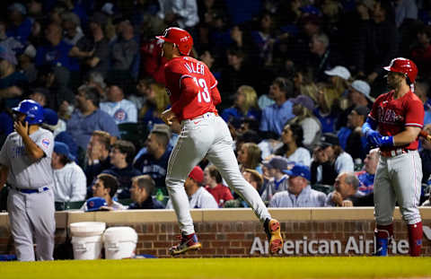 Jul 8, 2021; Chicago, Illinois, USA; Philadelphia Phillies first baseman Brad Miller (13) runs the bases after hitting his third home run against the Chicago Cubs during the seventh inning at Wrigley Field. Mandatory Credit: David Banks-USA TODAY Sports