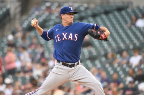 Jul 19, 2021; Detroit, Michigan, USA; Texas Rangers starting pitcher Kyle Gibson (44) pitches during the first inning against the Detroit Tigers at Comerica Park. Mandatory Credit: Tim Fuller-USA TODAY Sports