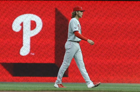 Jul 31, 2021; Pittsburgh, Pennsylvania, USA; Philadelphia Phillies third baseman Alec Bohm (28) warms up in the outfield before the game against the Pittsburgh Pirates at PNC Park. Mandatory Credit: Charles LeClaire-USA TODAY Sports