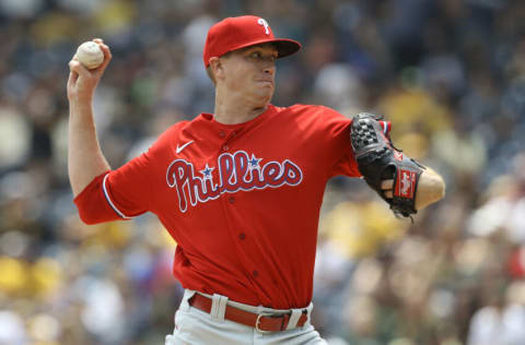 Aug 1, 2021; Pittsburgh, Pennsylvania, USA; Philadelphia Phillies starting pitcher Kyle Gibson (44) delivers a pitch against the Pittsburgh Pirates during the first inning at PNC Park. Mandatory Credit: Charles LeClaire-USA TODAY Sports