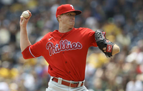 Aug 1, 2021; Pittsburgh, Pennsylvania, USA; Philadelphia Phillies starting pitcher Kyle Gibson (44) delivers a pitch against the Pittsburgh Pirates during the first inning at PNC Park. Mandatory Credit: Charles LeClaire-USA TODAY Sports