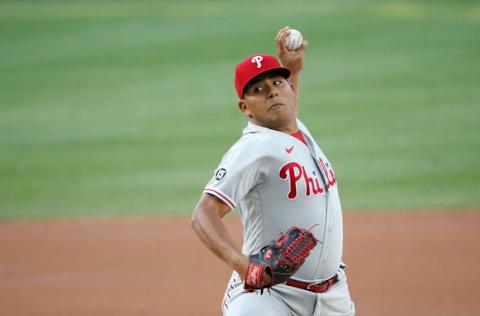 Aug 2, 2021; Washington, District of Columbia, USA; Philadelphia Phillies relief pitcher Ranger Suarez (55) throws the ball against the Washington Nationals during the first inning at Nationals Park. Mandatory Credit: Amber Searls-USA TODAY Sports