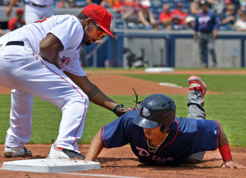 WORCESTER – Josh Ockimey tags Rubén Tejada as WooSox pitcher Marcus Walden tries for a pick-off. The Worcester Red Sox hosted the Lehigh Valley Ironpigs on Father’s Day, Sunday, June 20, 2021.Spo Woosox Fathers Day 3